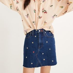 Madewell Mini Jean Skirt Rigid Denim A-Line Embroidered Floral Flower 25